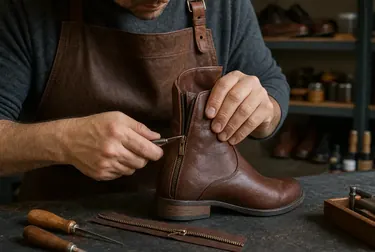Profissional consertando o zíper de uma bota em Jaraguá do Sul.
