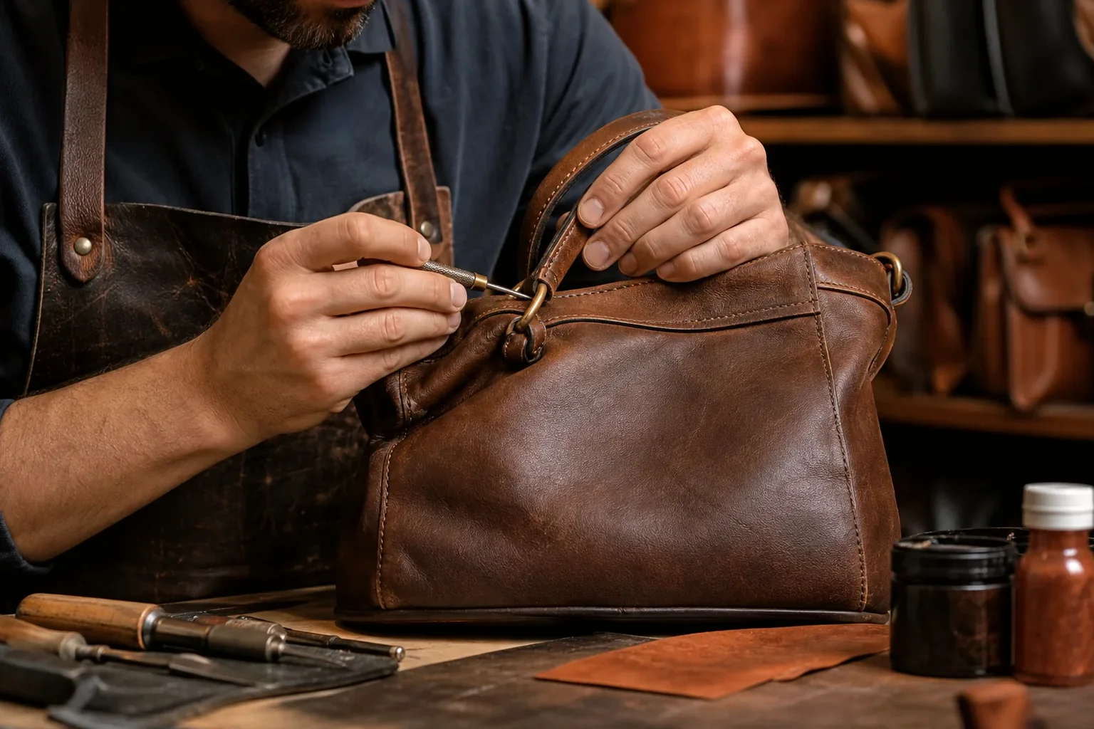 Sapateiro reformando bolsa de couro em Jaraguá do Sul.
